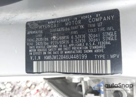 2006 Hyundai Tucson Gl из США, поврежденный, VIN KM8JM12B46U448199